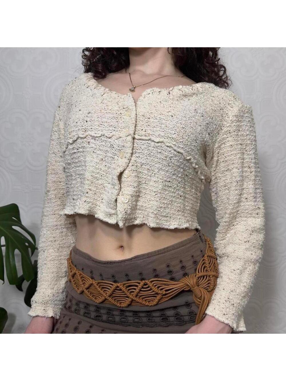 Vintage Commotion Cream Cotton Cropped Knit Button Cardigan Womens Medium